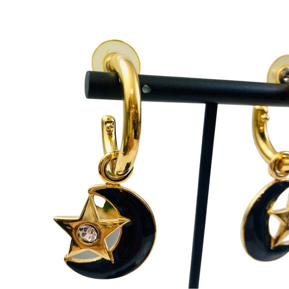 Vintage 80's Earrings Black Half Moon Gold Hoop Dangle Rhinestone Spacecore - Picture 10 of 16